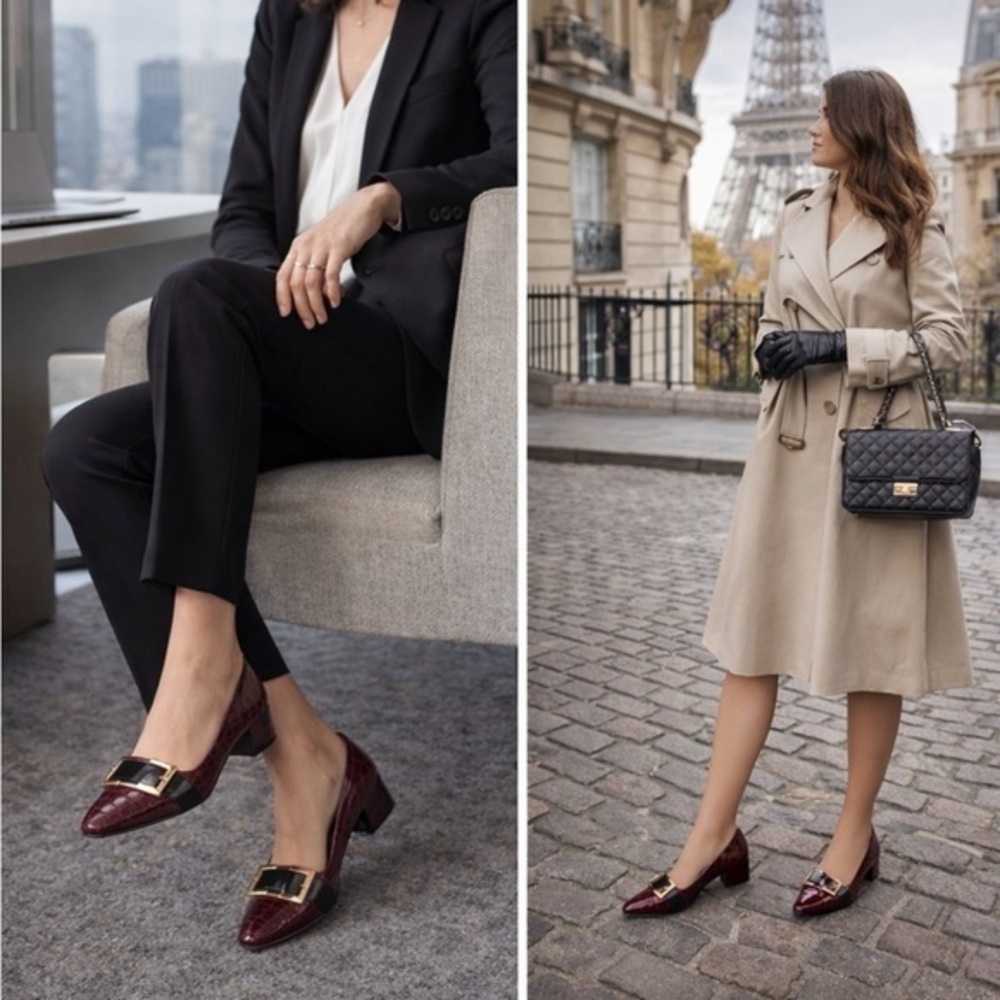 Chic Burgundy Croc-Embossed Flats with Gold Buckle